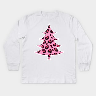 Pink Leopard Print Christmas Tree Kids Long Sleeve T-Shirt